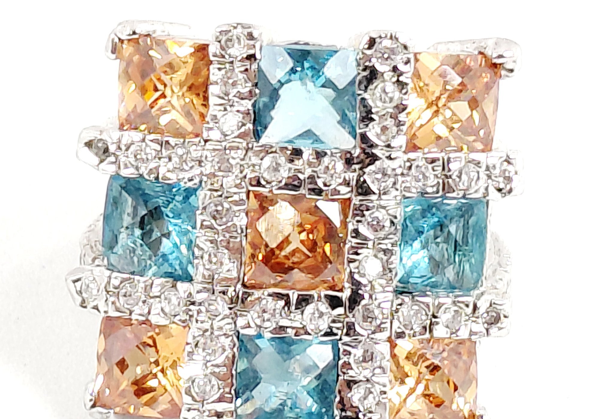 Silver-Tone Blue and Orange Square-Cut CZ Cocktail Ring