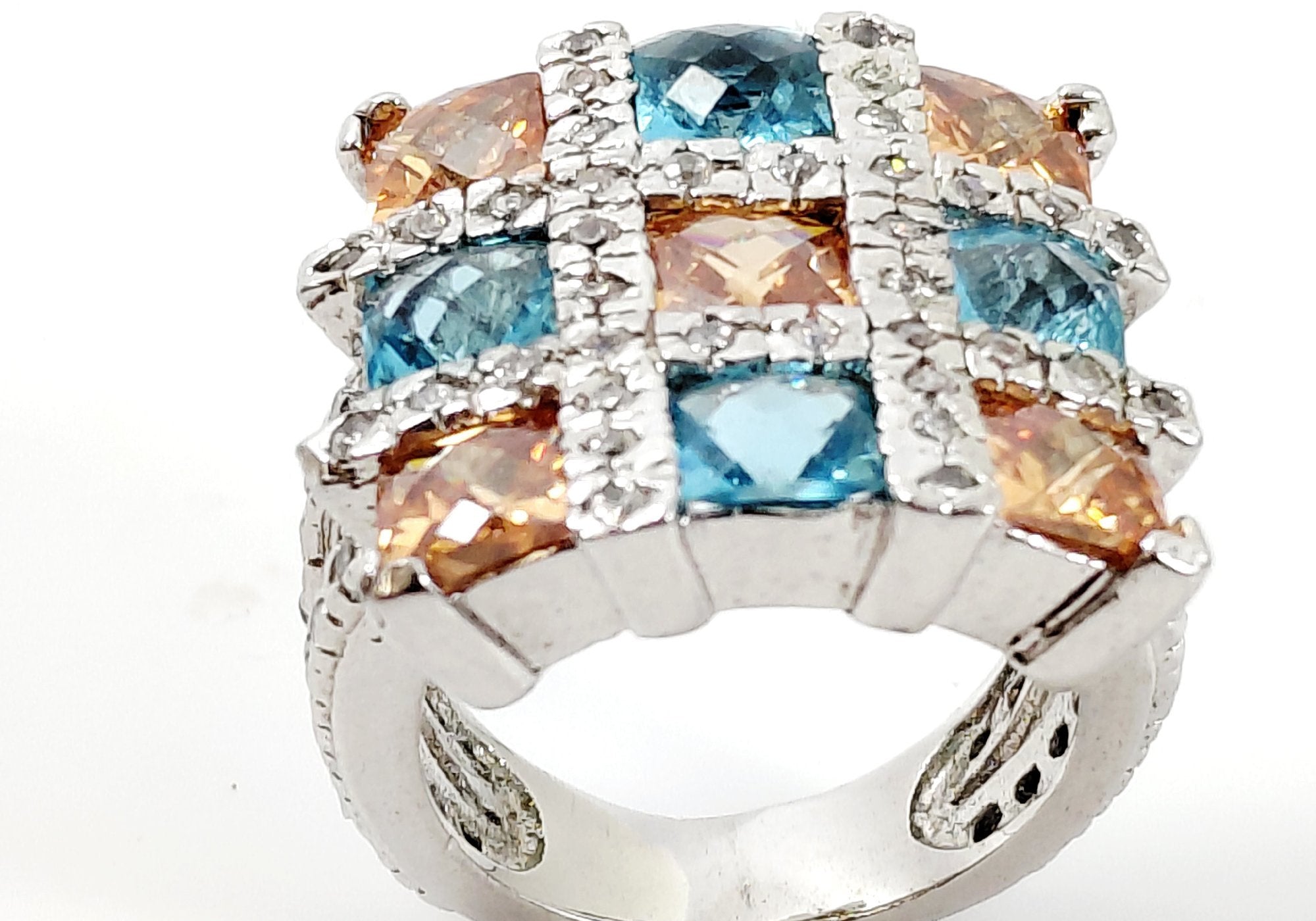 Silver-Tone Blue and Orange Square-Cut CZ Cocktail Ring