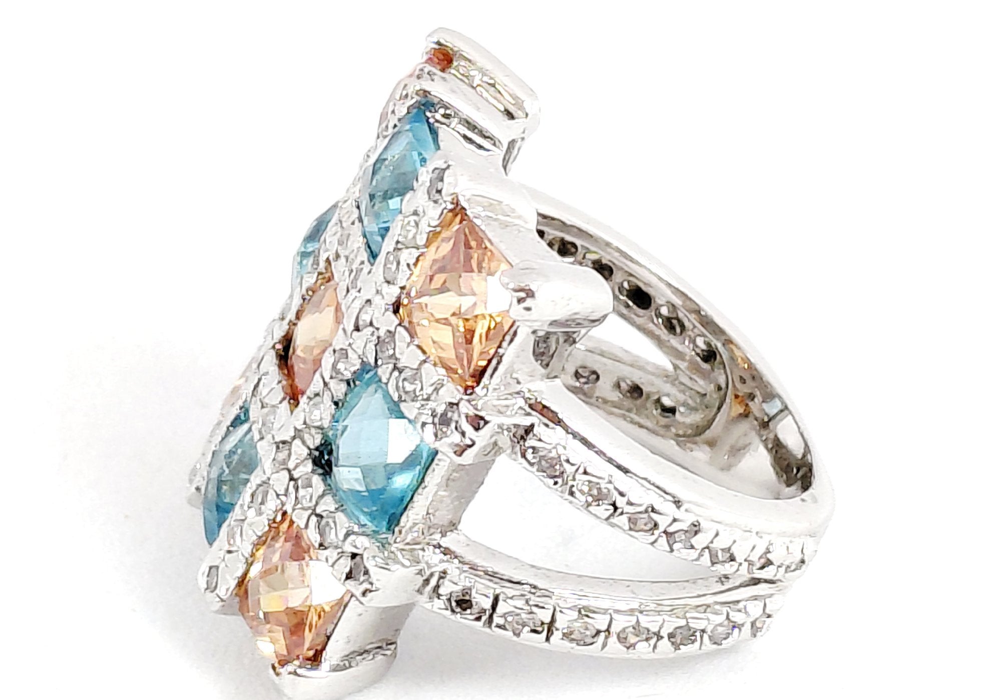 Silver-Tone Blue and Orange Square-Cut CZ Cocktail Ring