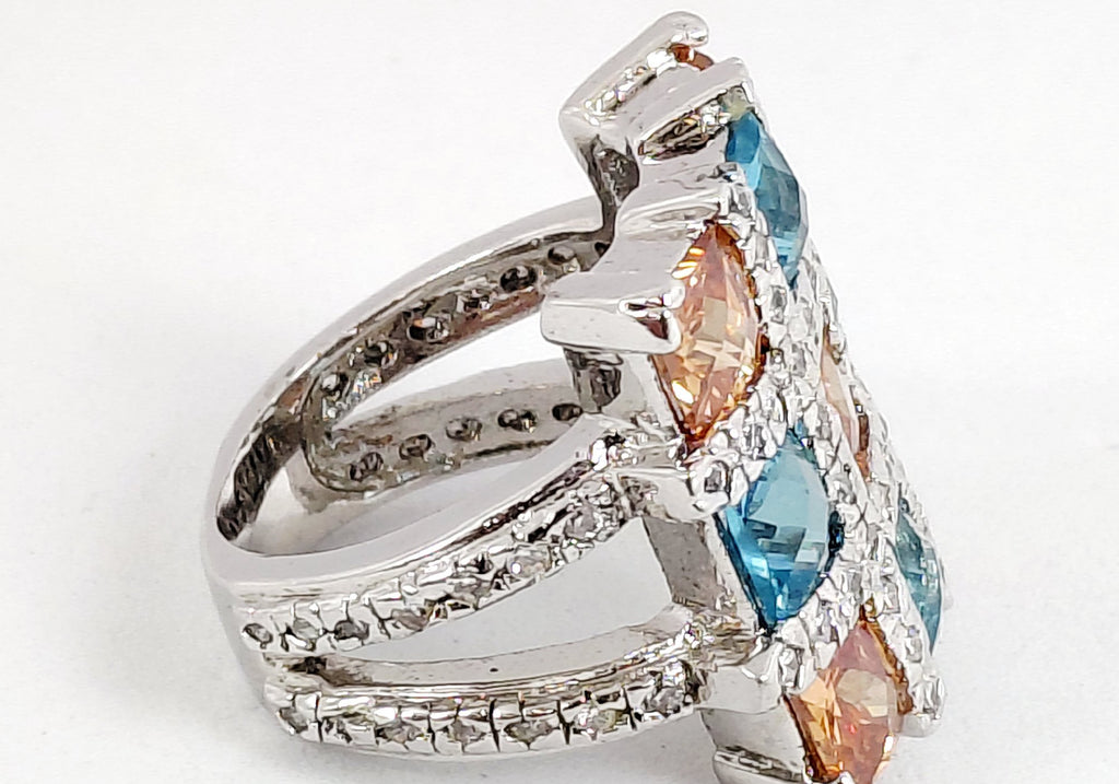 Silver-Tone Blue and Orange Square-Cut CZ Cocktail Ring