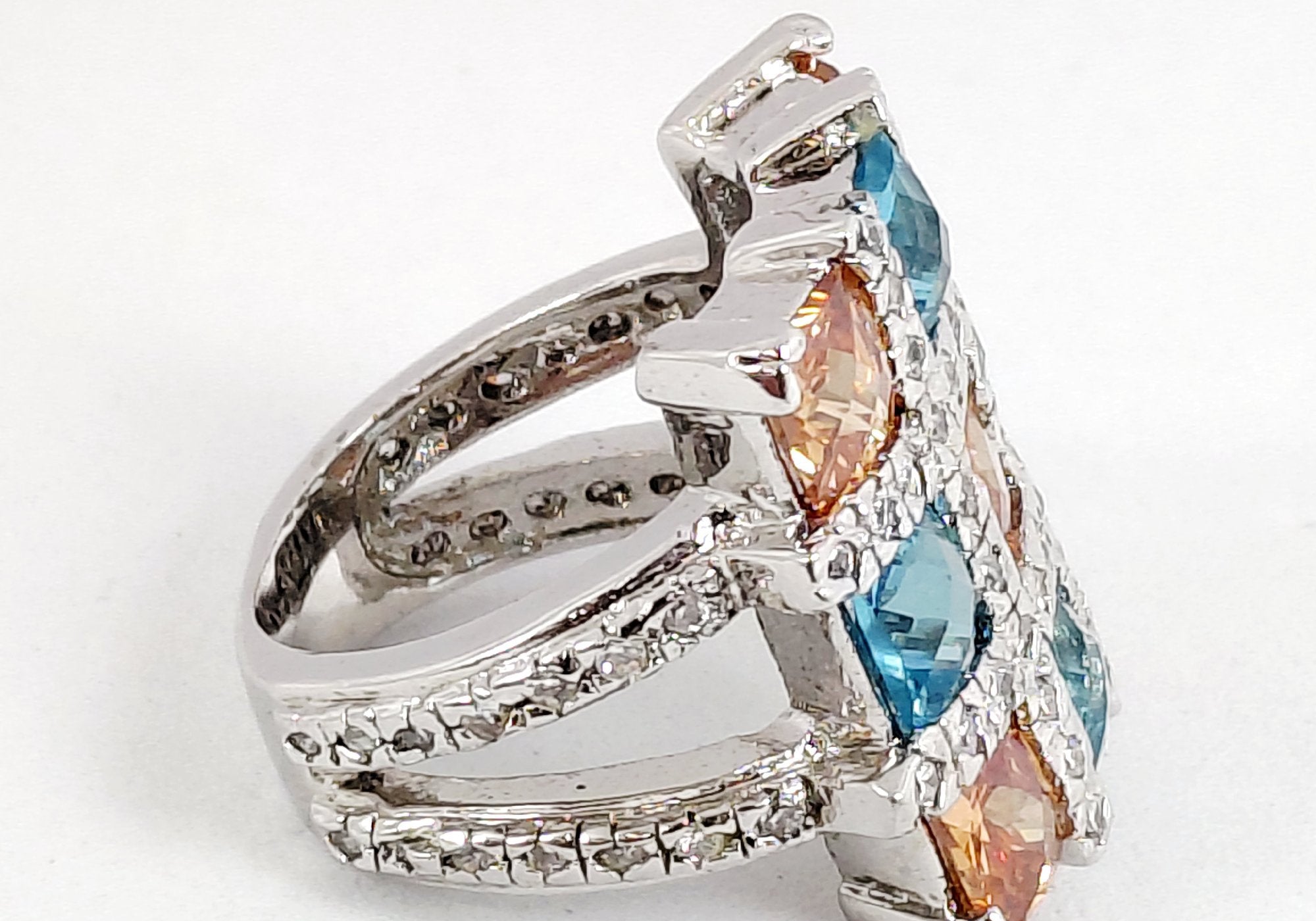 Silver-Tone Blue and Orange Square-Cut CZ Cocktail Ring