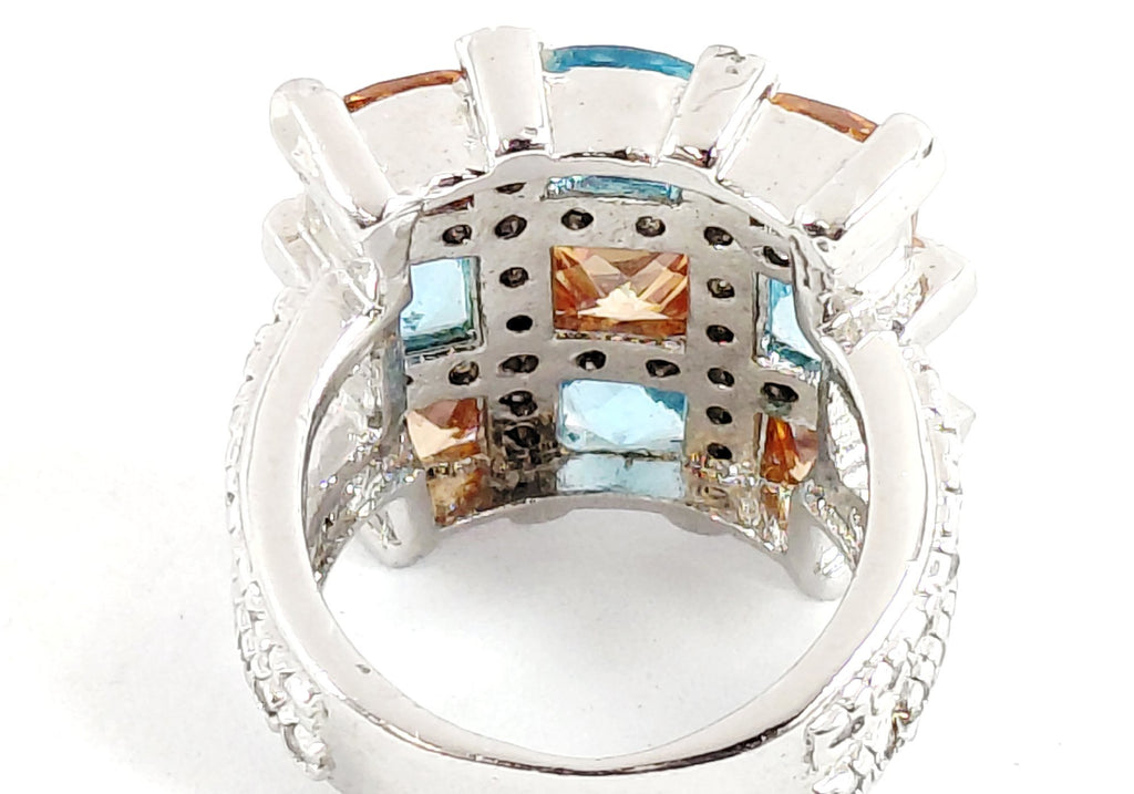 Silver-Tone Blue and Orange Square-Cut CZ Cocktail Ring