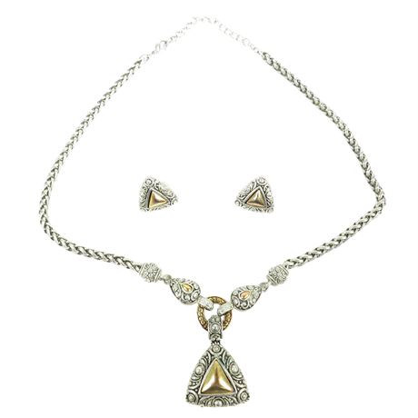 1990's Brutalist Silver and Gold-Tone Necklace and Earring Set [SA8438]