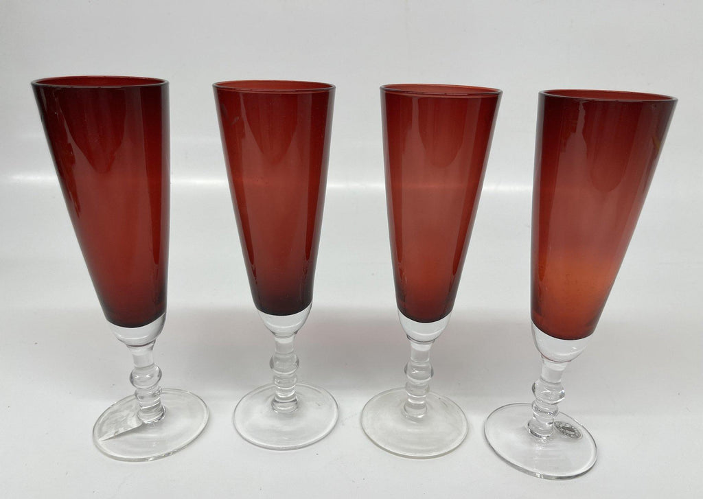 Set of 4 Handmade Ruby Red Glass Champagne Flutes with Etched Floral Design