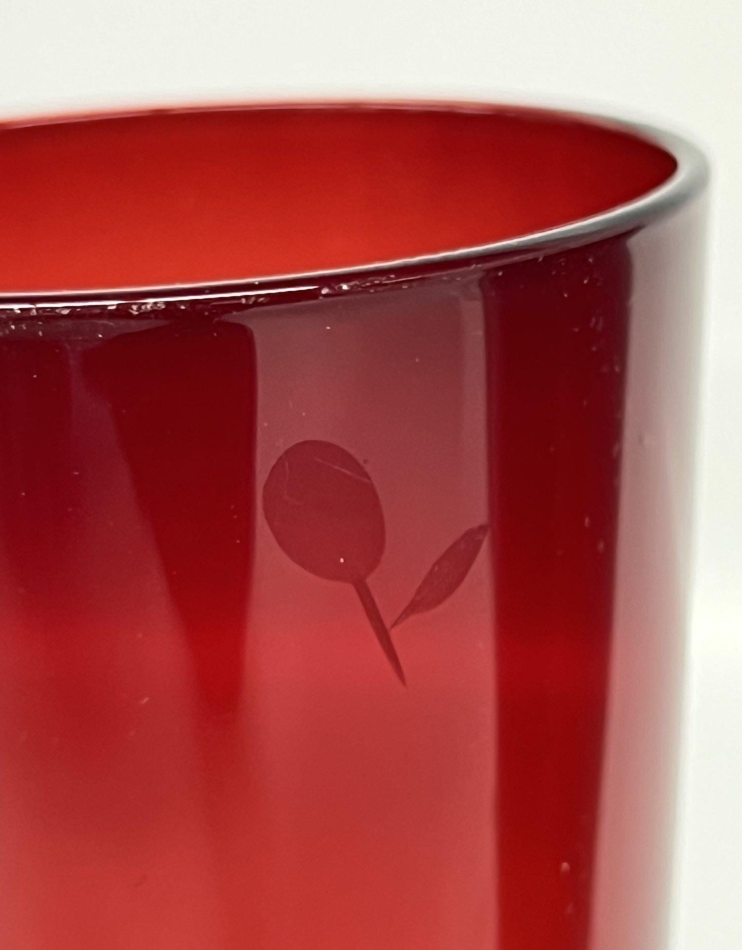 Set of 4 Handmade Ruby Red Glass Champagne Flutes with Etched Floral Design
