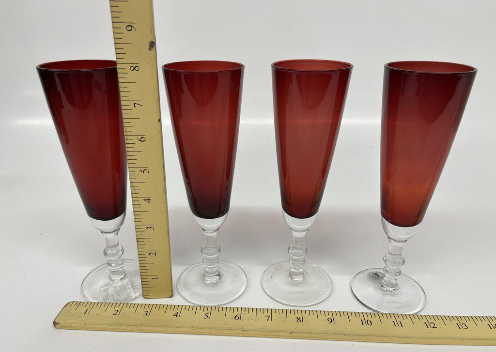 Set of 4 Handmade Ruby Red Glass Champagne Flutes with Etched Floral Design