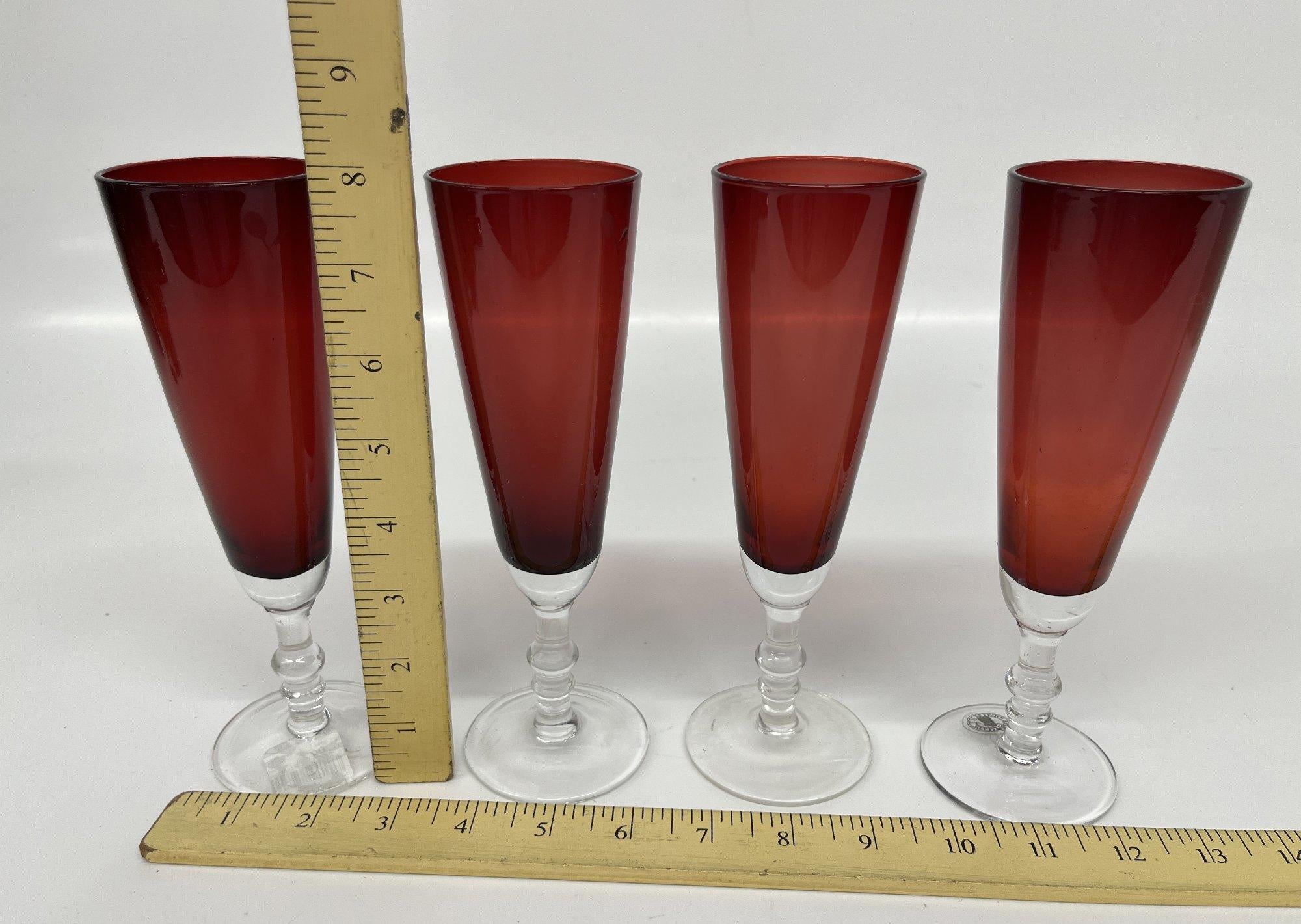 Set of 4 Handmade Ruby Red Glass Champagne Flutes with Etched Floral Design