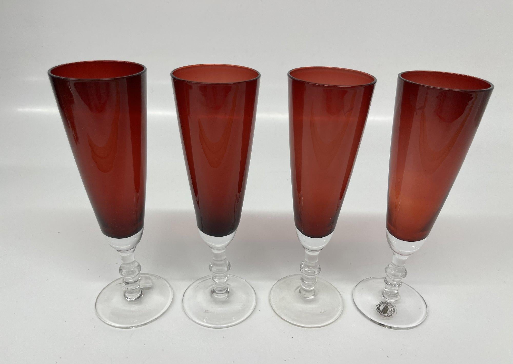 Set of 4 Handmade Ruby Red Glass Champagne Flutes with Etched Floral Design