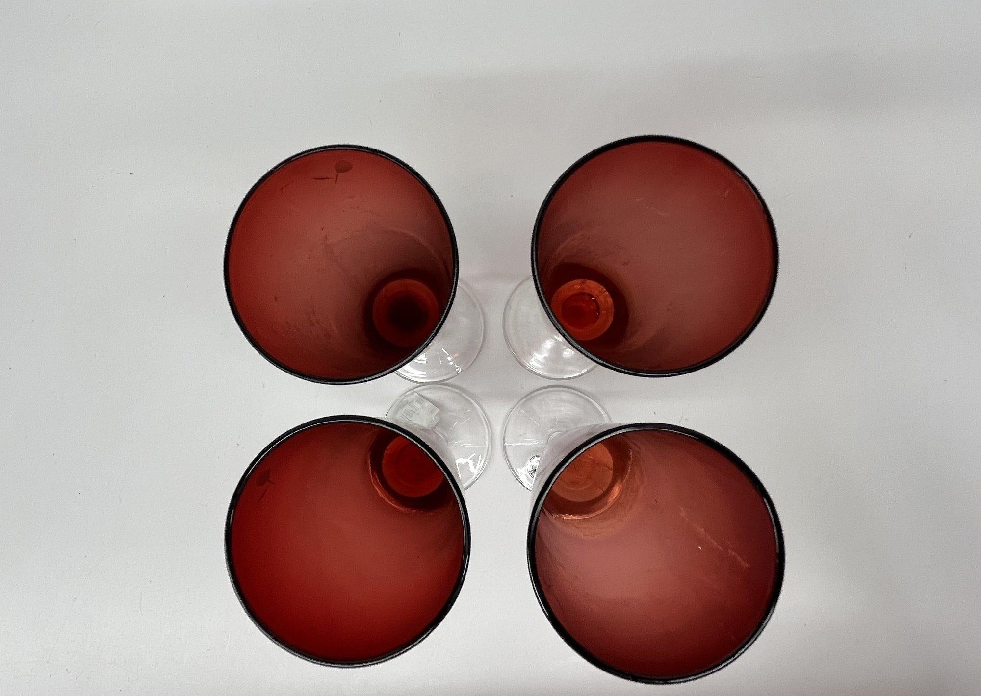Set of 4 Handmade Ruby Red Glass Champagne Flutes with Etched Floral Design