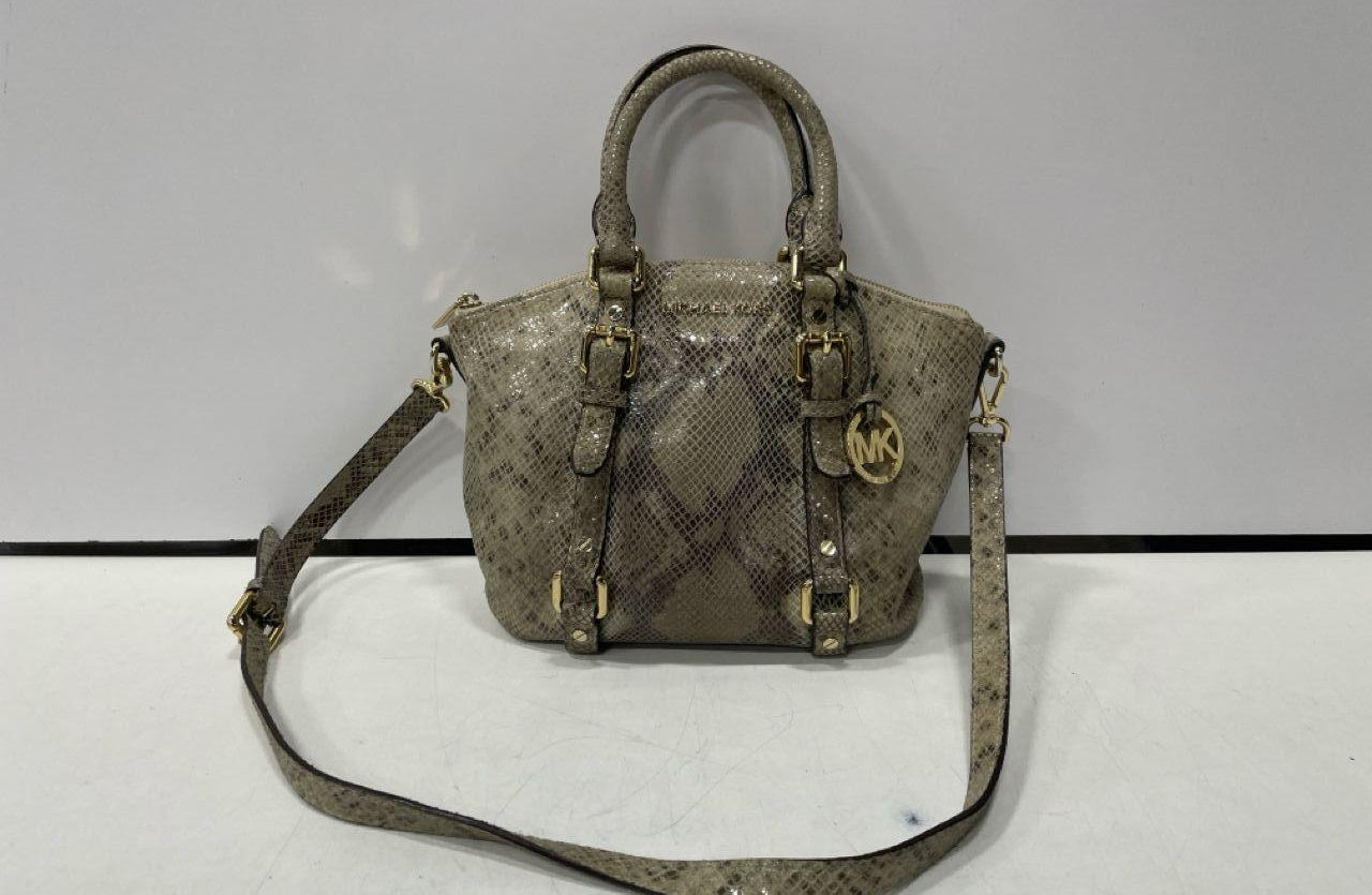 Michael Kors Womens Faux Leather Python Print Gold Hardware Satchel Bag