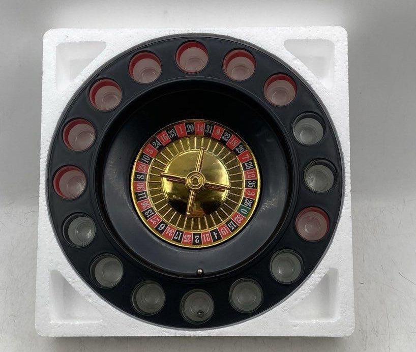 Roulette Barware Black Gold-Tone Game Wheel 16 Shot Glasses Drinking Game