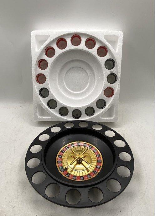Roulette Barware Black Gold-Tone Game Wheel 16 Shot Glasses Drinking Game