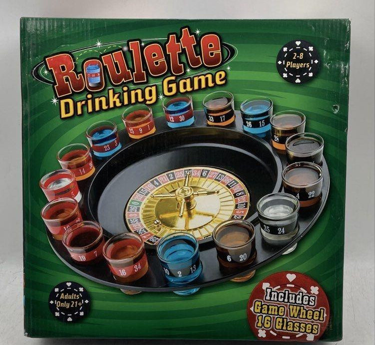 Roulette Barware Black Gold-Tone Game Wheel 16 Shot Glasses Drinking Game