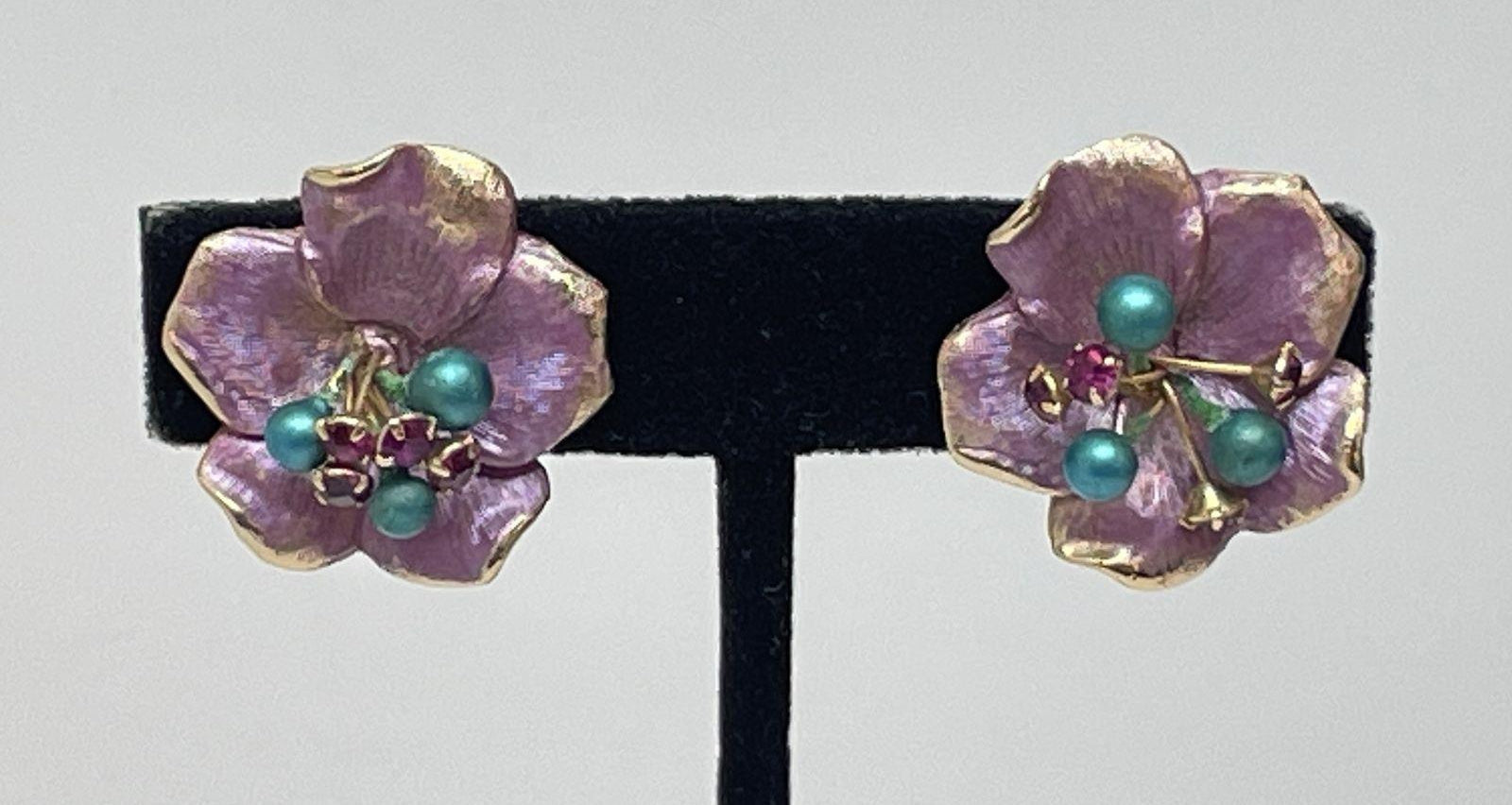 PAT Purple Enamel Flower Clip-On Earrings