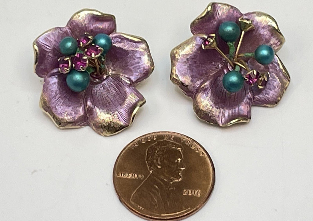 PAT Purple Enamel Flower Clip-On Earrings