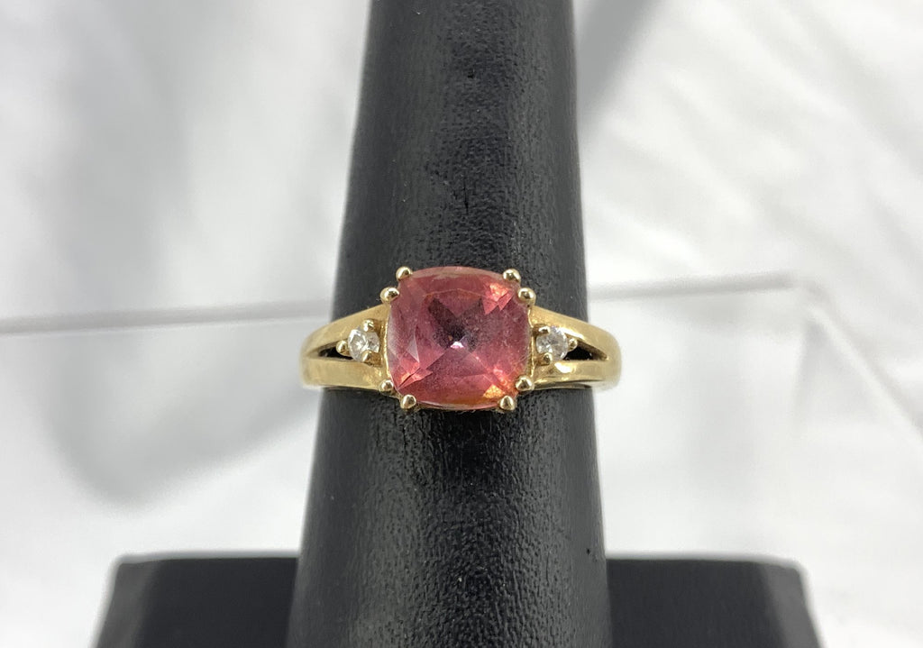 10K Yellow Gold Statement Ring with Pink Spinel and CZ Accents