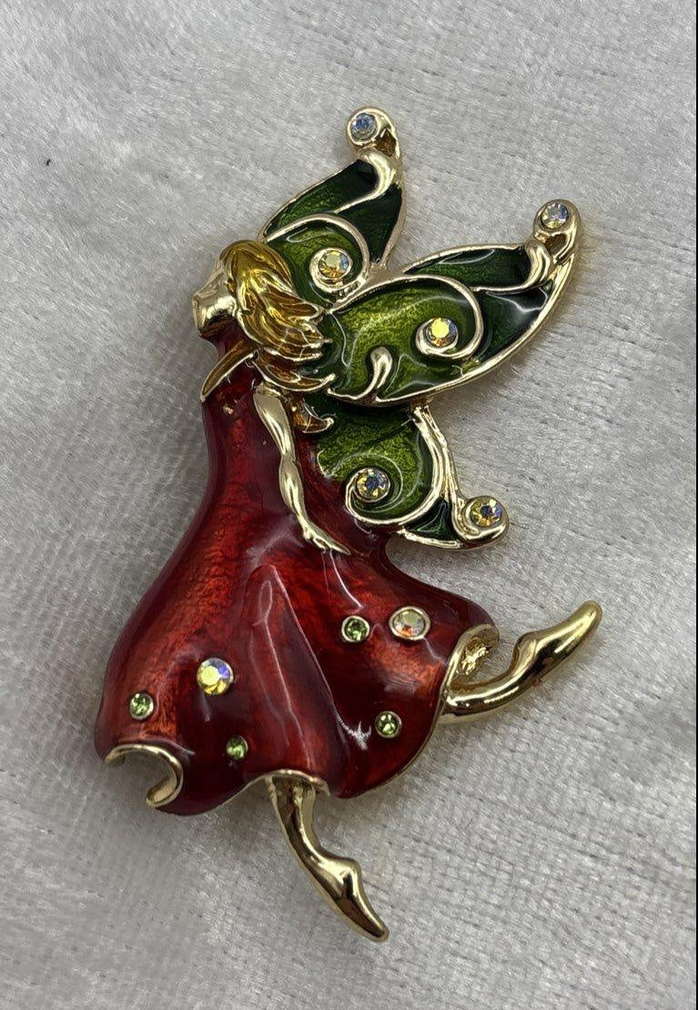 Vintage Gold-Tone Enamel Pixie Fairy Rhinestone Brooch