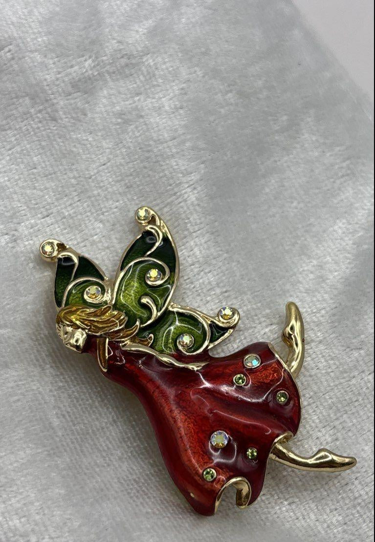 Vintage Gold-Tone Enamel Pixie Fairy Rhinestone Brooch