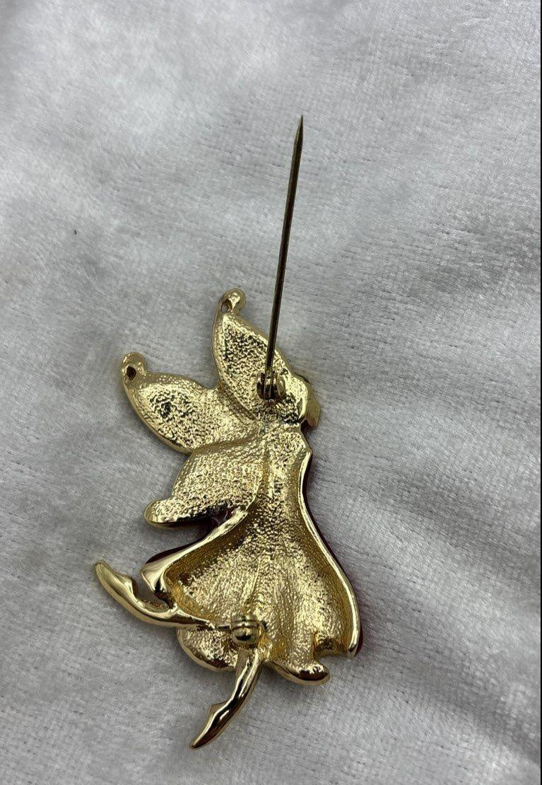 Vintage Gold-Tone Enamel Pixie Fairy Rhinestone Brooch