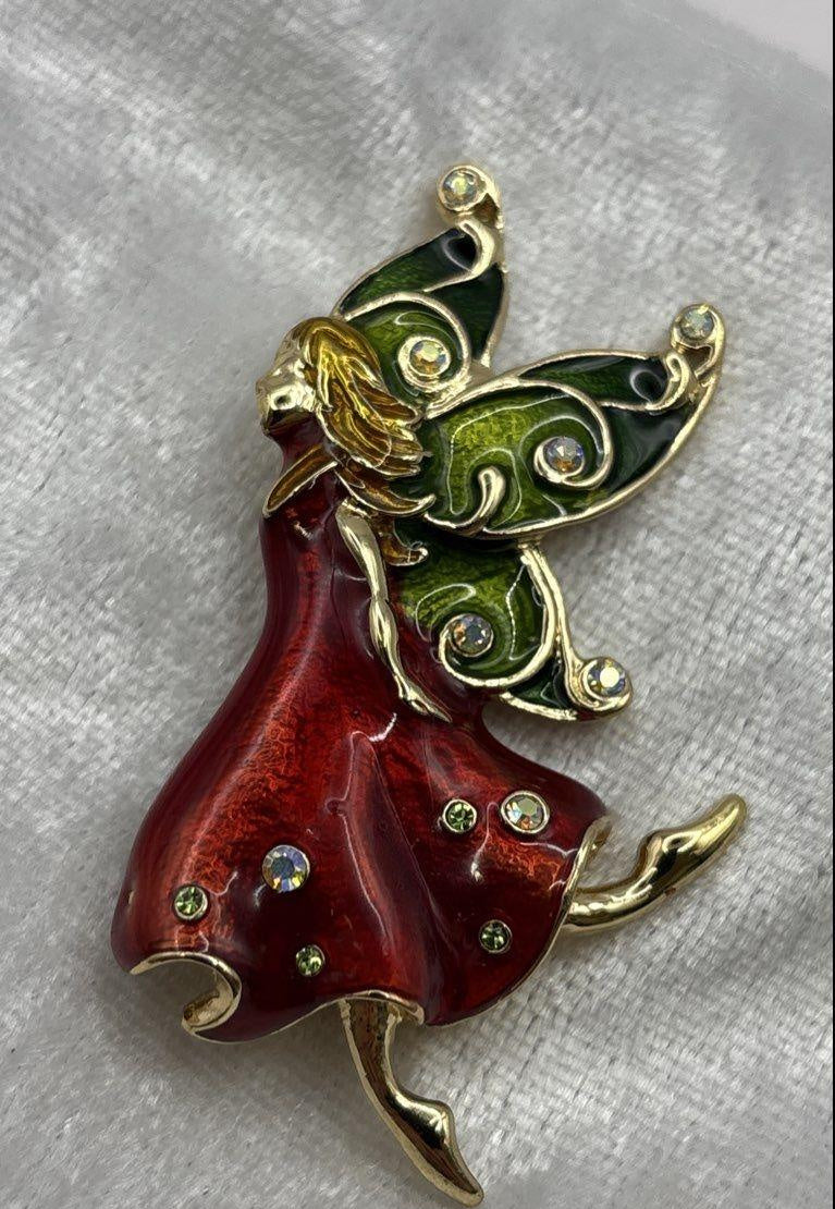 Vintage Gold-Tone Enamel Pixie Fairy Rhinestone Brooch