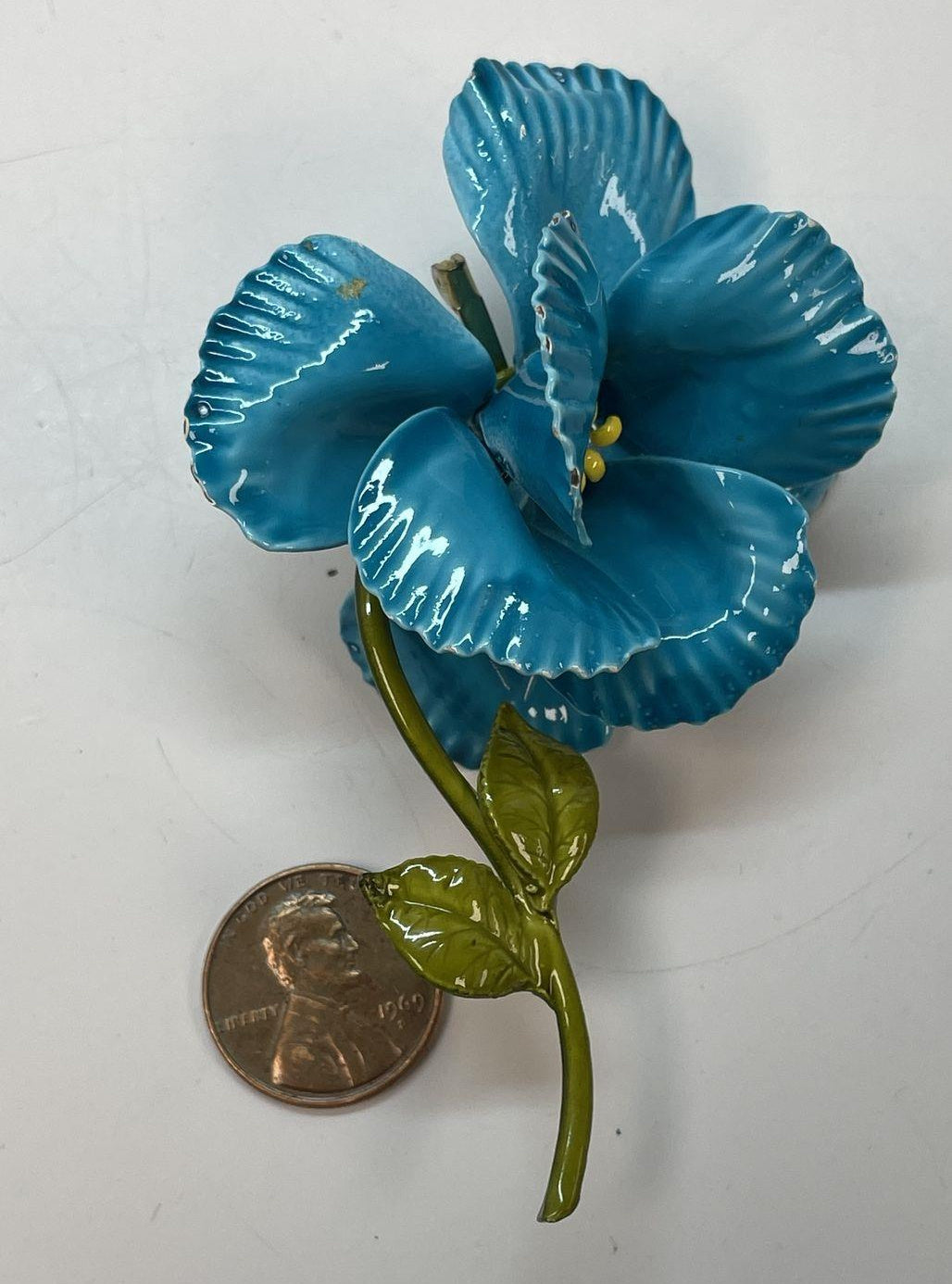 Vintage Blue Enamel Dimensional Flower Brooch