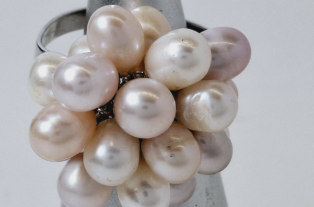 Silver-Tone Pink and White Pearl Cluster Statement Ring