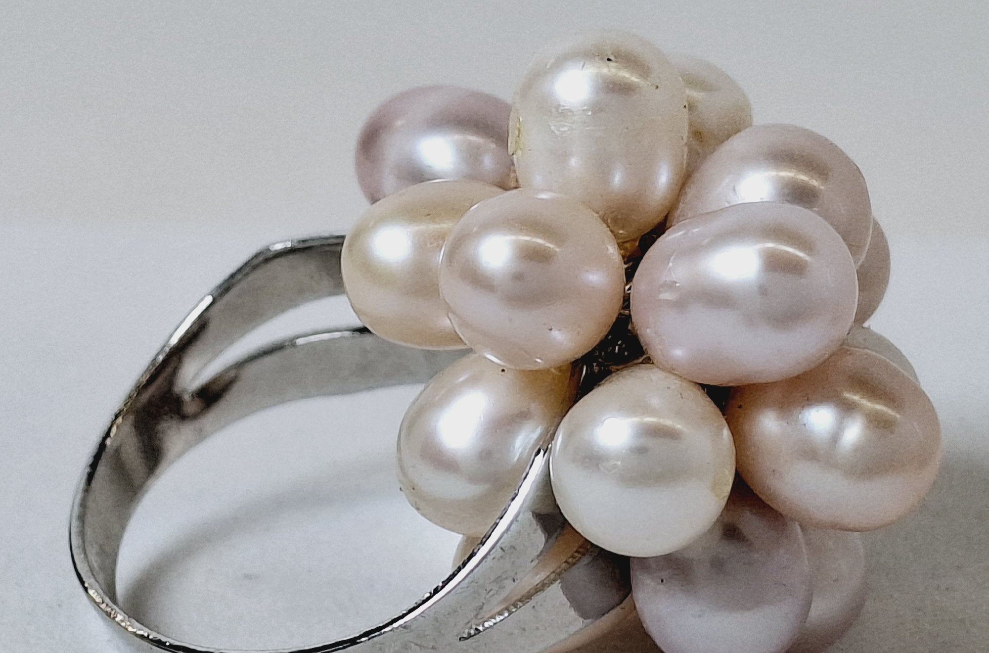 Silver-Tone Pink and White Pearl Cluster Statement Ring