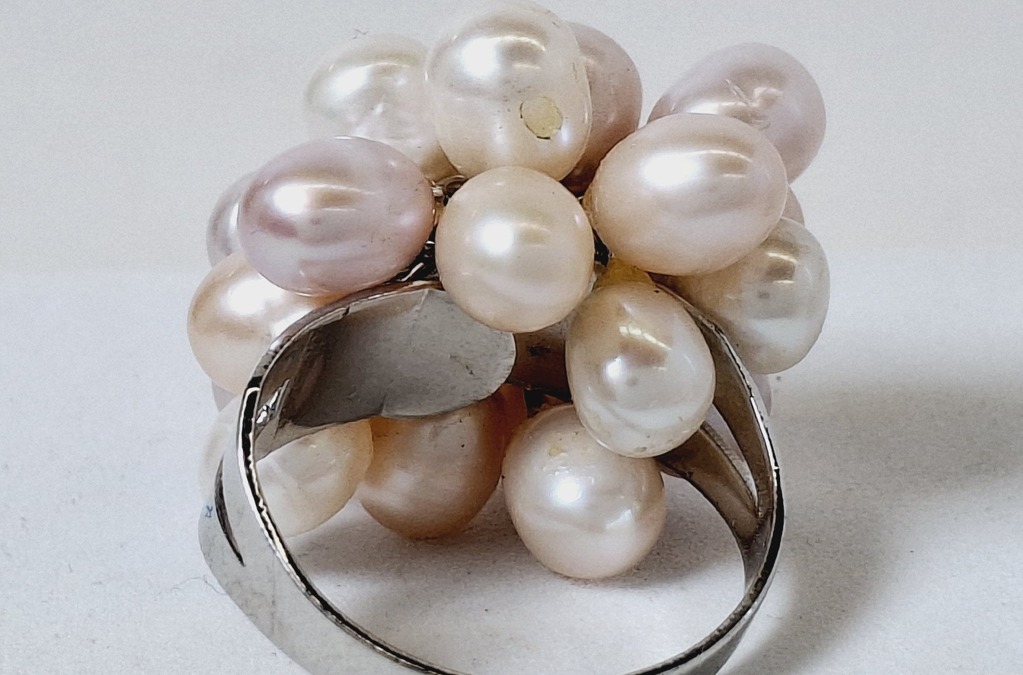 Silver-Tone Pink and White Pearl Cluster Statement Ring