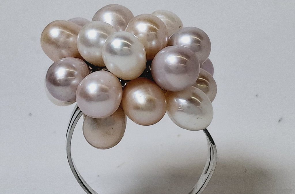 Silver-Tone Pink and White Pearl Cluster Statement Ring