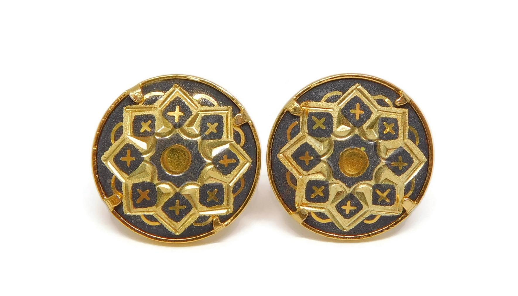 Gold Tone Hand Carved Damascene Stud Earrings