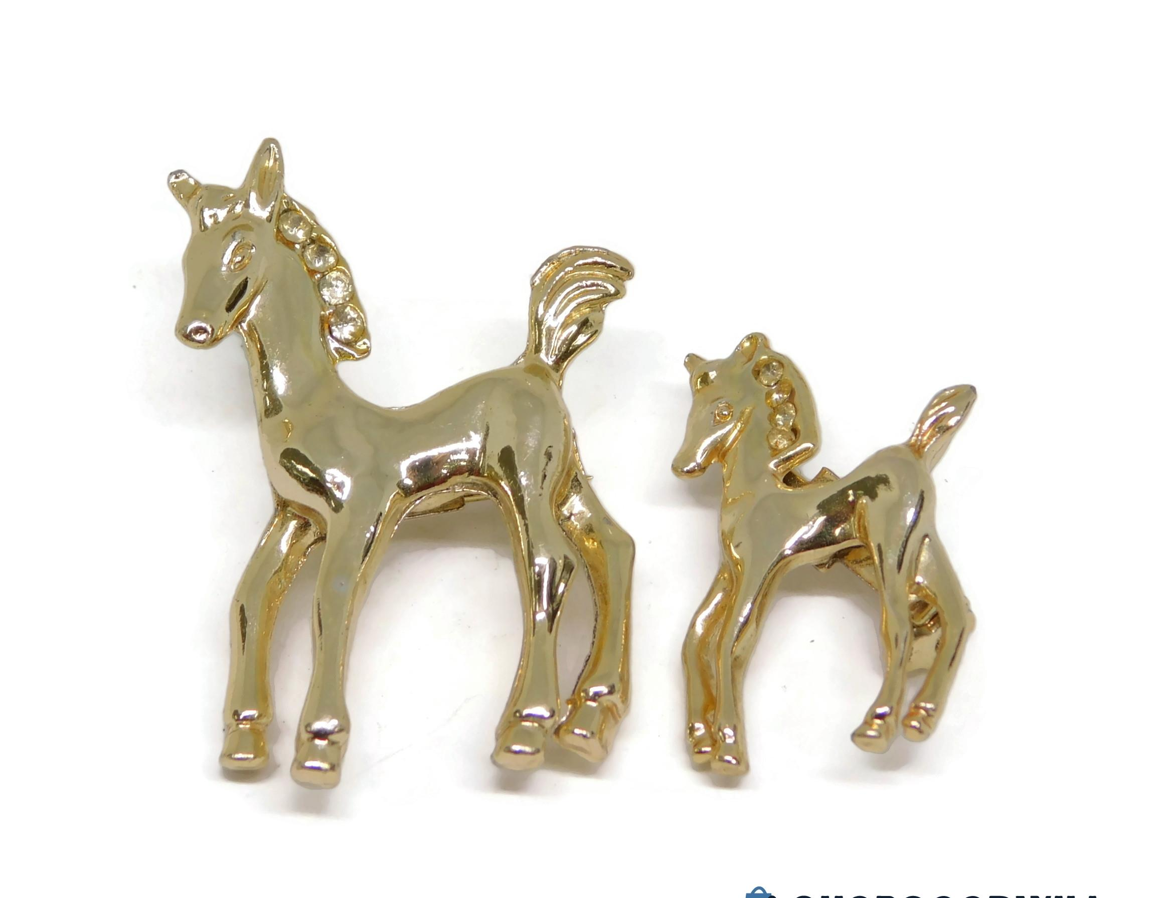 Lot of 2 Vintage Gold Tone Mommy Horse & Baby Horse Brooches