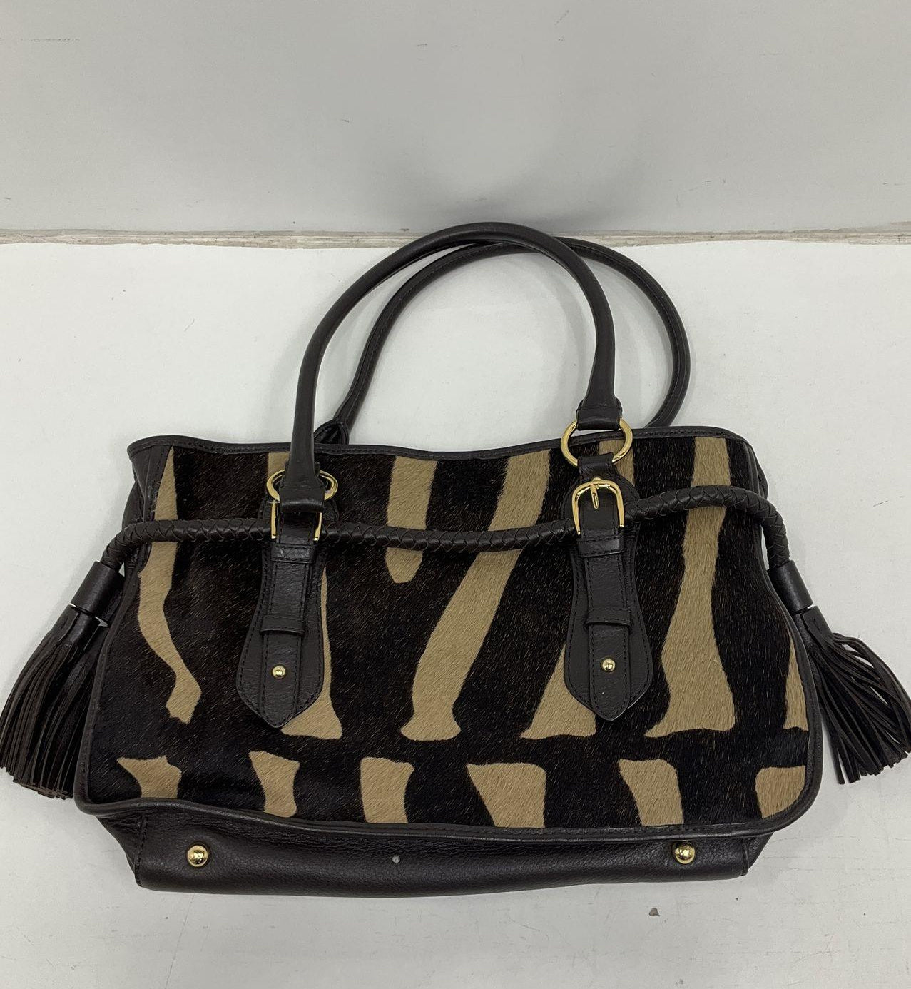 Adrienne Vittadini Zebra Print Tassel Satchel Handbag