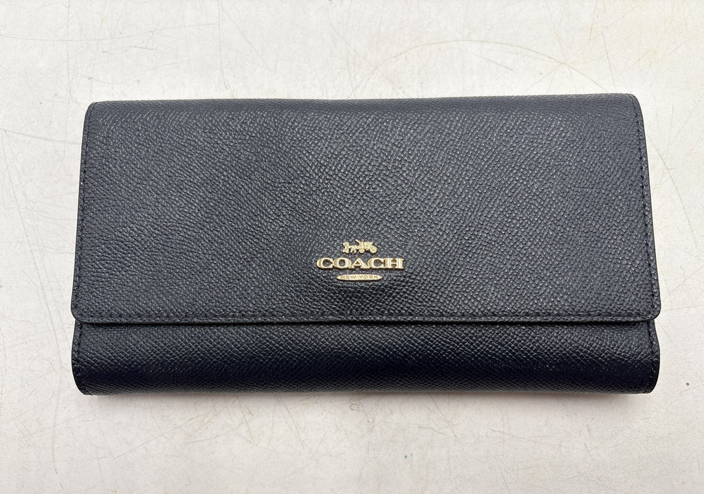Coach Navy Blue Crossgrain Leather Trifold Wallet with Gold Logo