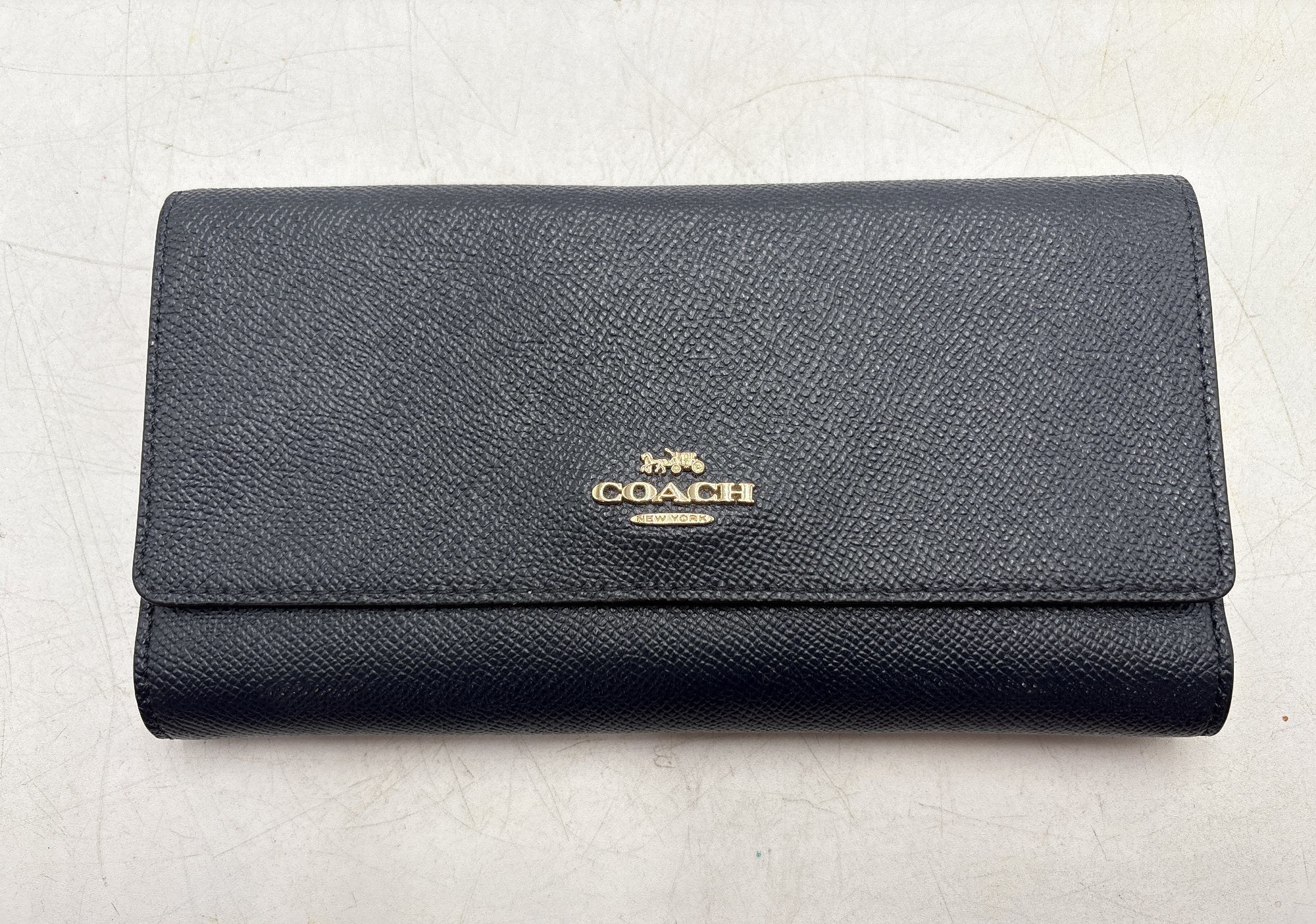 Coach Navy Blue Crossgrain Leather Trifold Wallet with Gold Logo