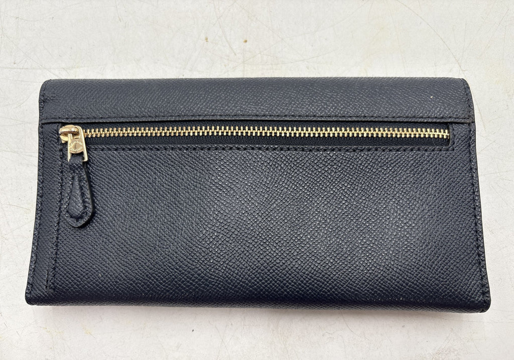 Coach Navy Blue Crossgrain Leather Trifold Wallet with Gold Logo