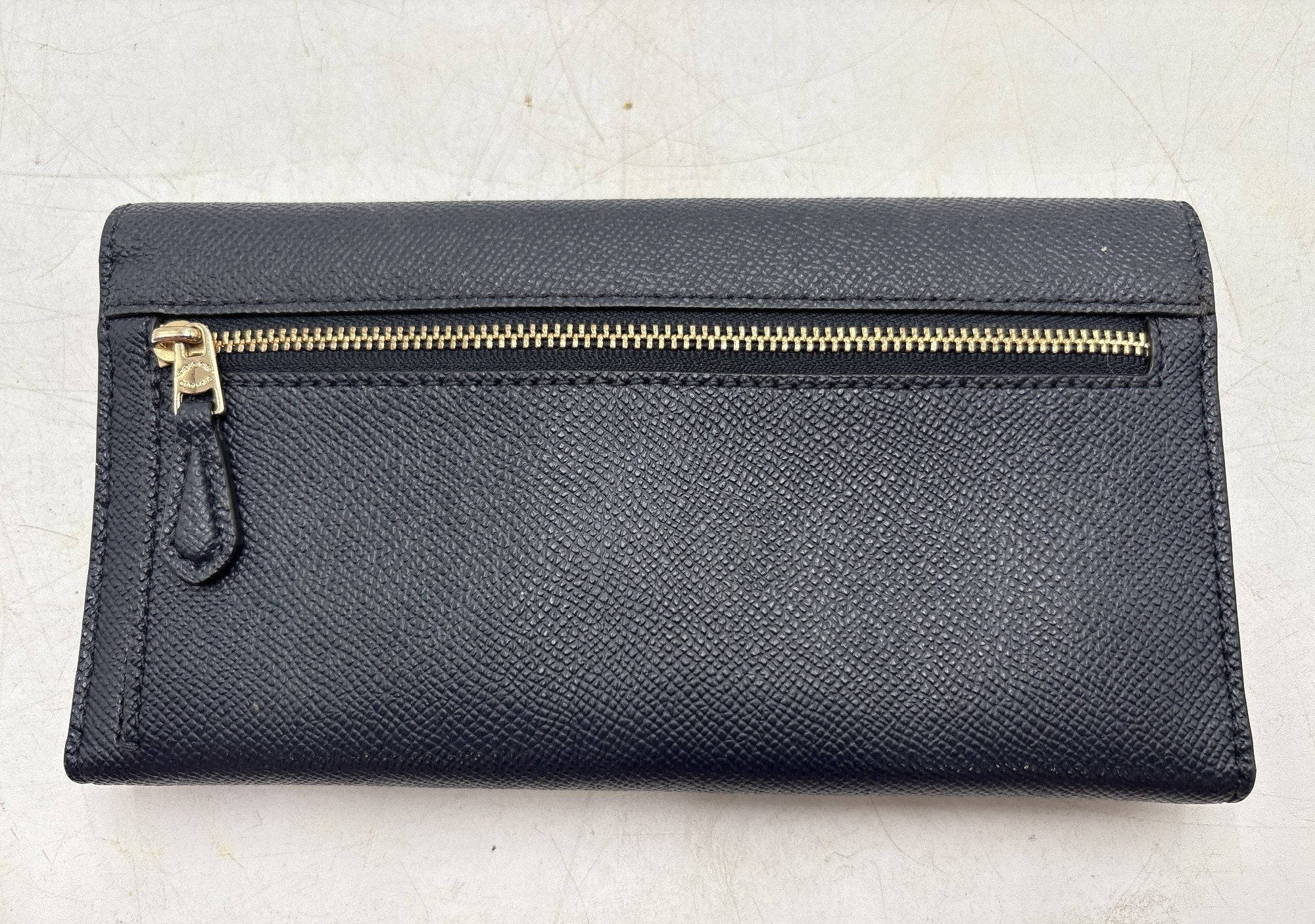 Coach Navy Blue Crossgrain Leather Trifold Wallet with Gold Logo