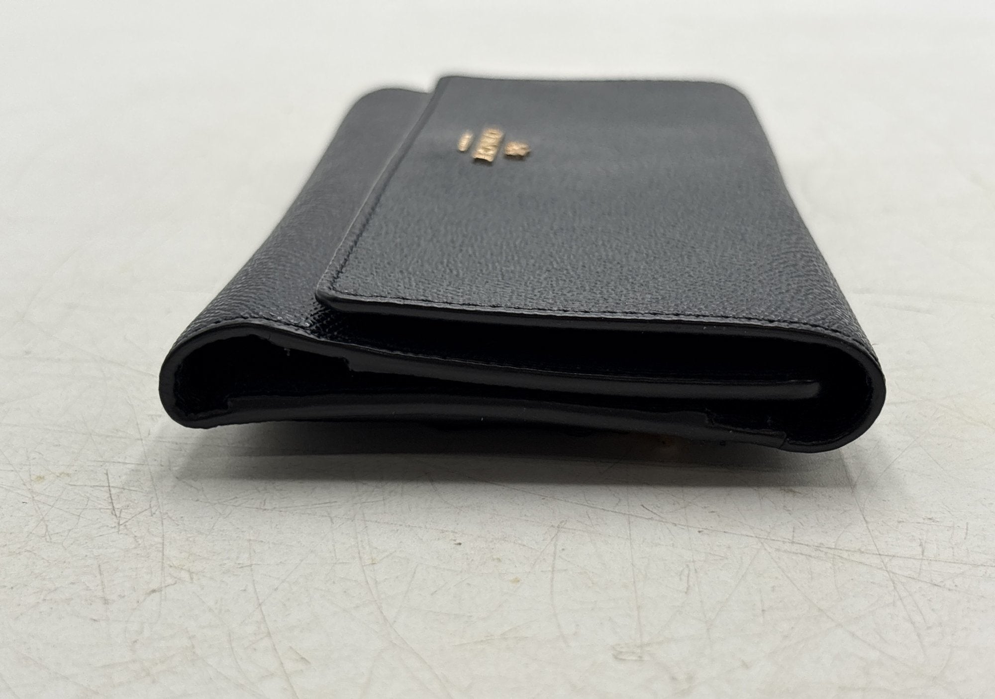 Coach Navy Blue Crossgrain Leather Trifold Wallet with Gold Logo