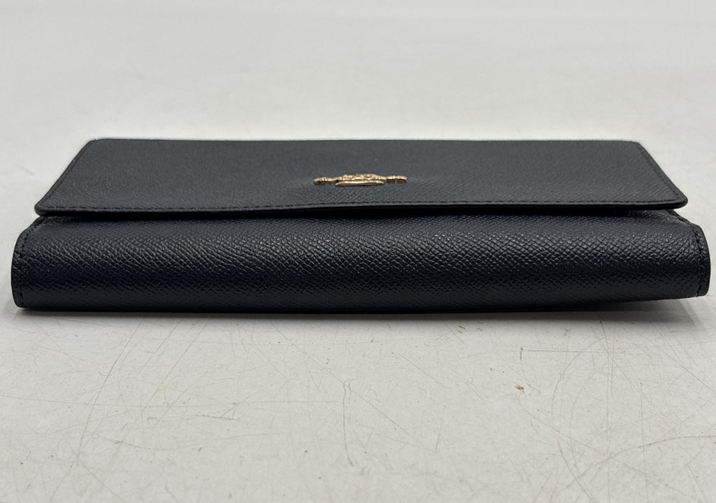 Coach Navy Blue Crossgrain Leather Trifold Wallet with Gold Logo