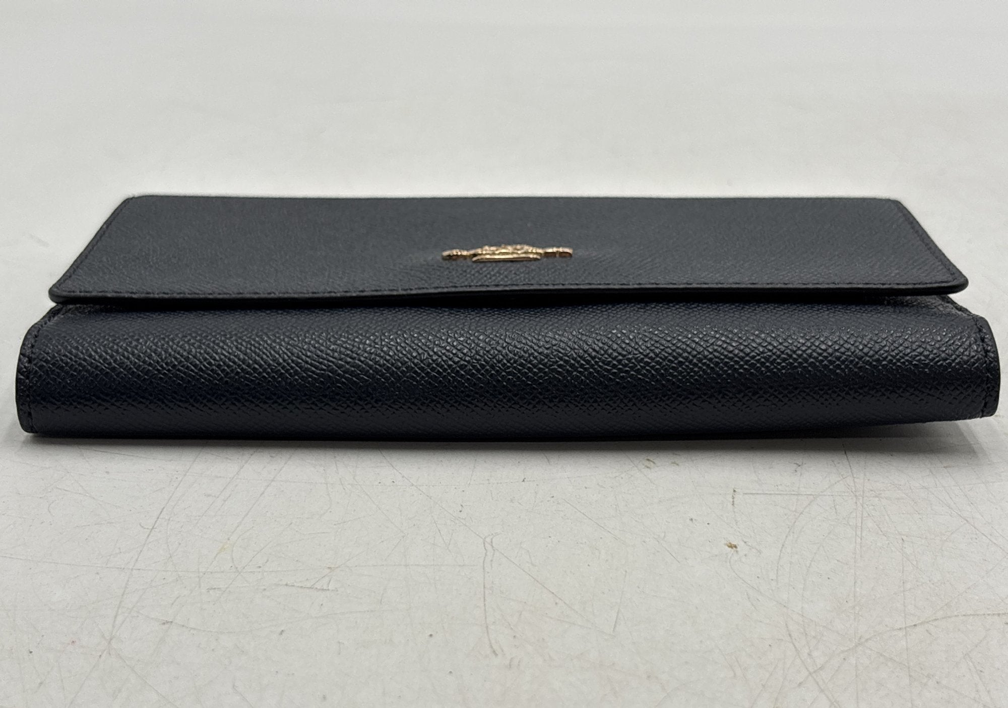 Coach Navy Blue Crossgrain Leather Trifold Wallet with Gold Logo