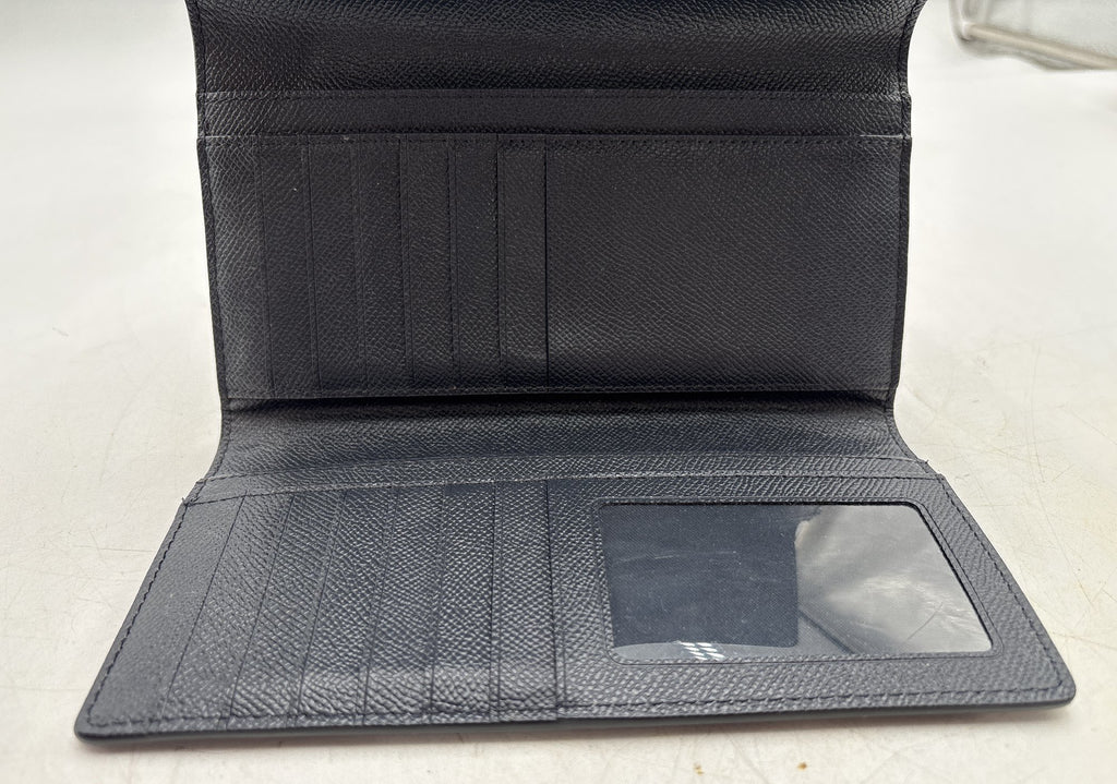 Coach Navy Blue Crossgrain Leather Trifold Wallet with Gold Logo