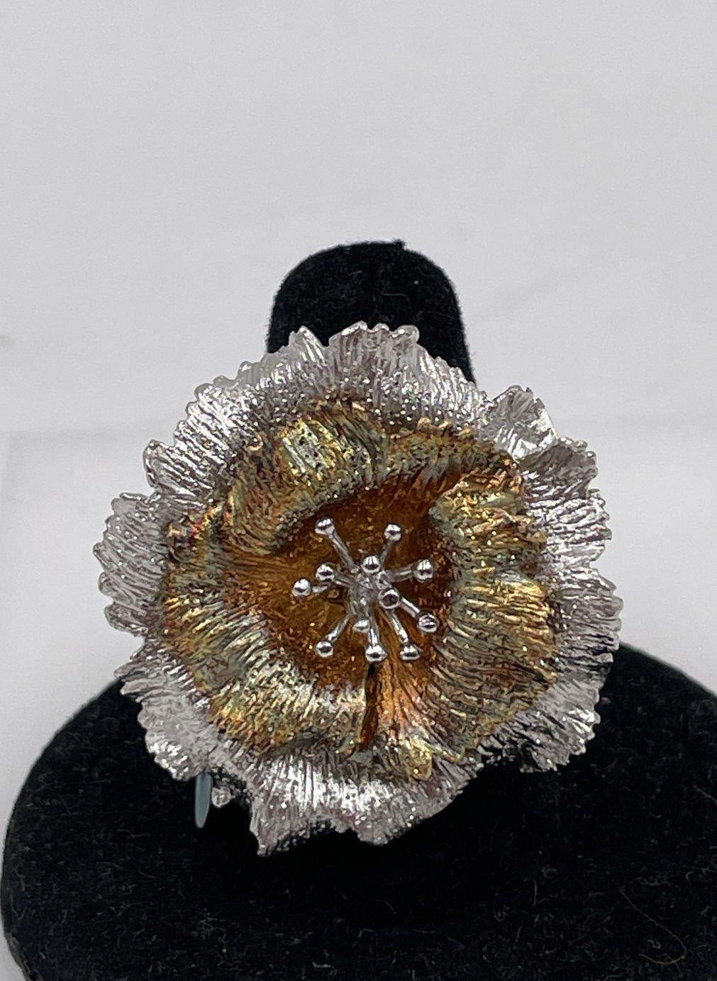 925 Sterling Dyadema Flower Statement Ring Size 7 w/Gold Plated Accent 11g