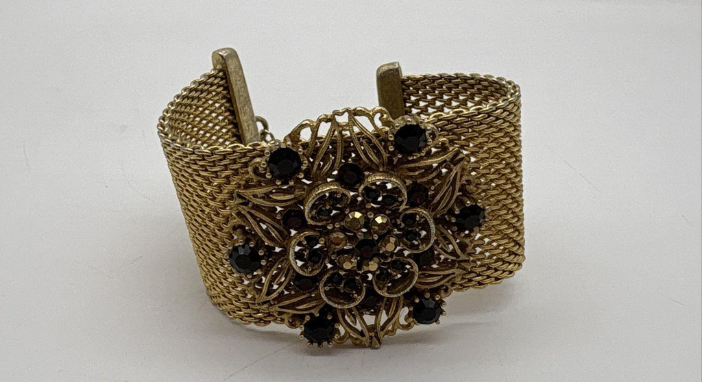 Vintage Gold-Tone Rhinestone Mesh Toggle Bracelet