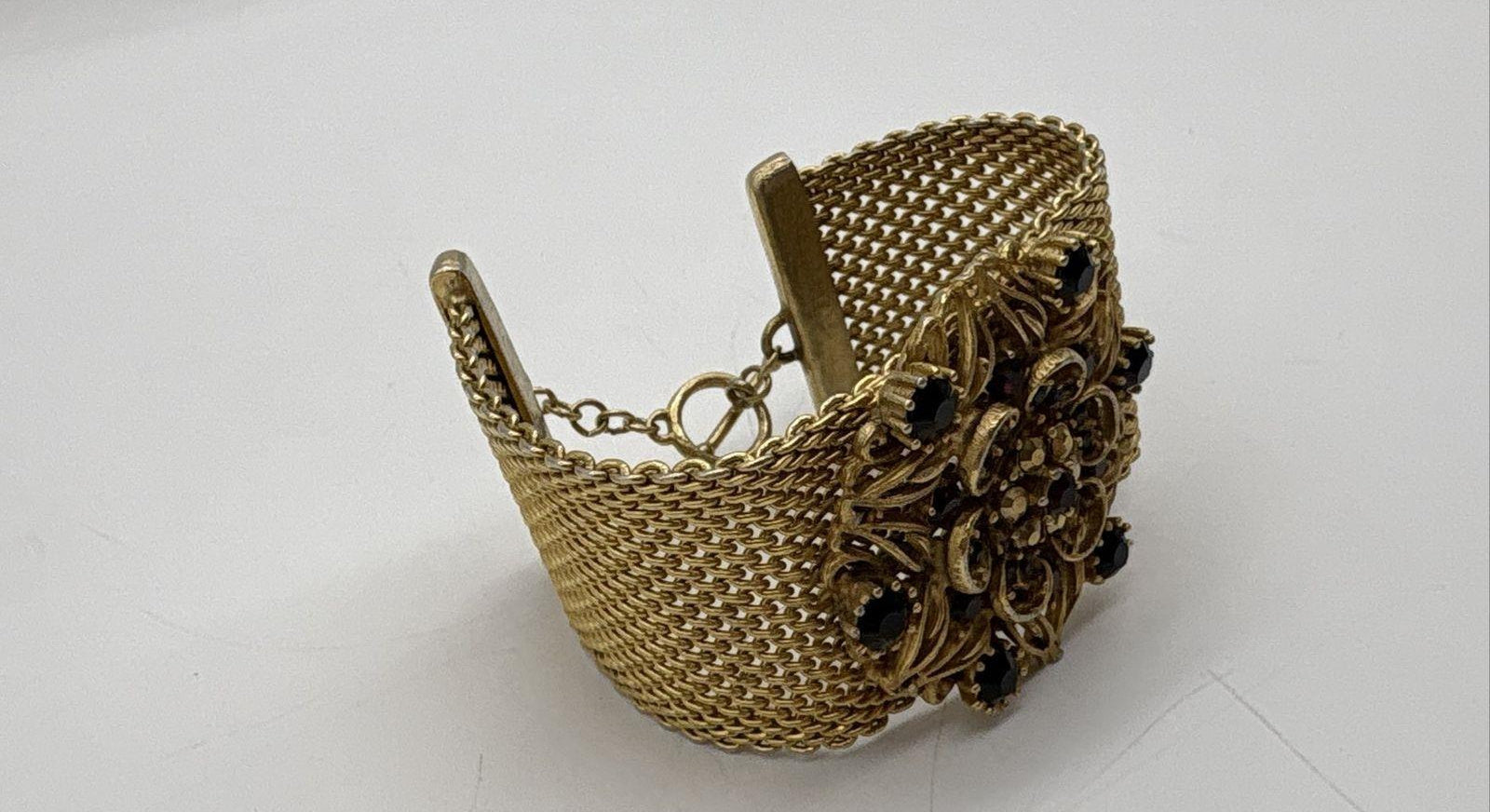 Vintage Gold-Tone Rhinestone Mesh Toggle Bracelet