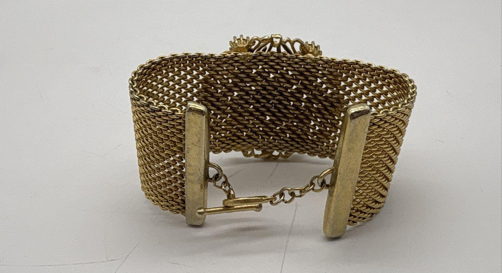 Vintage Gold-Tone Rhinestone Mesh Toggle Bracelet