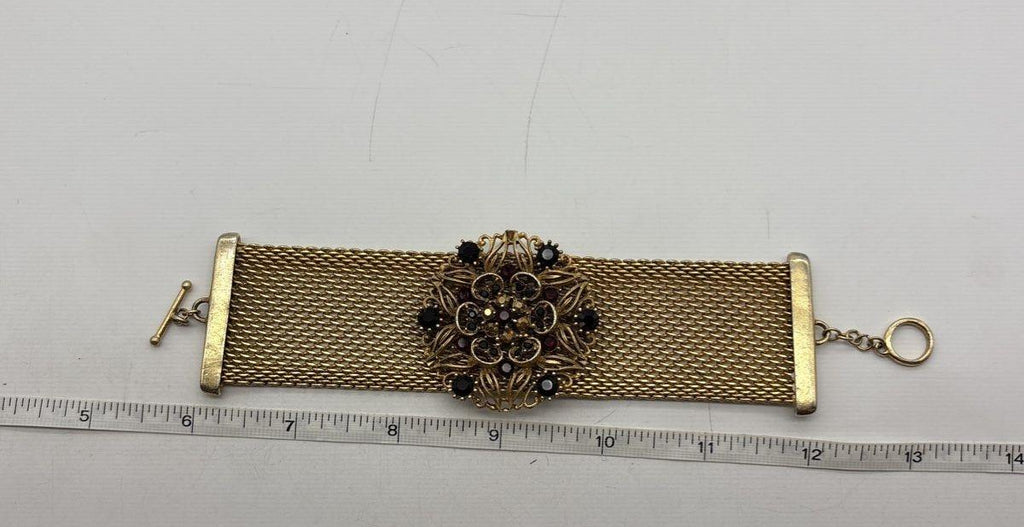Vintage Gold-Tone Rhinestone Mesh Toggle Bracelet