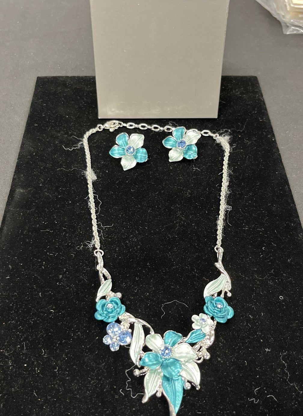 Blue Teal Enamel Floral Necklace & Clip-On Earrings Set