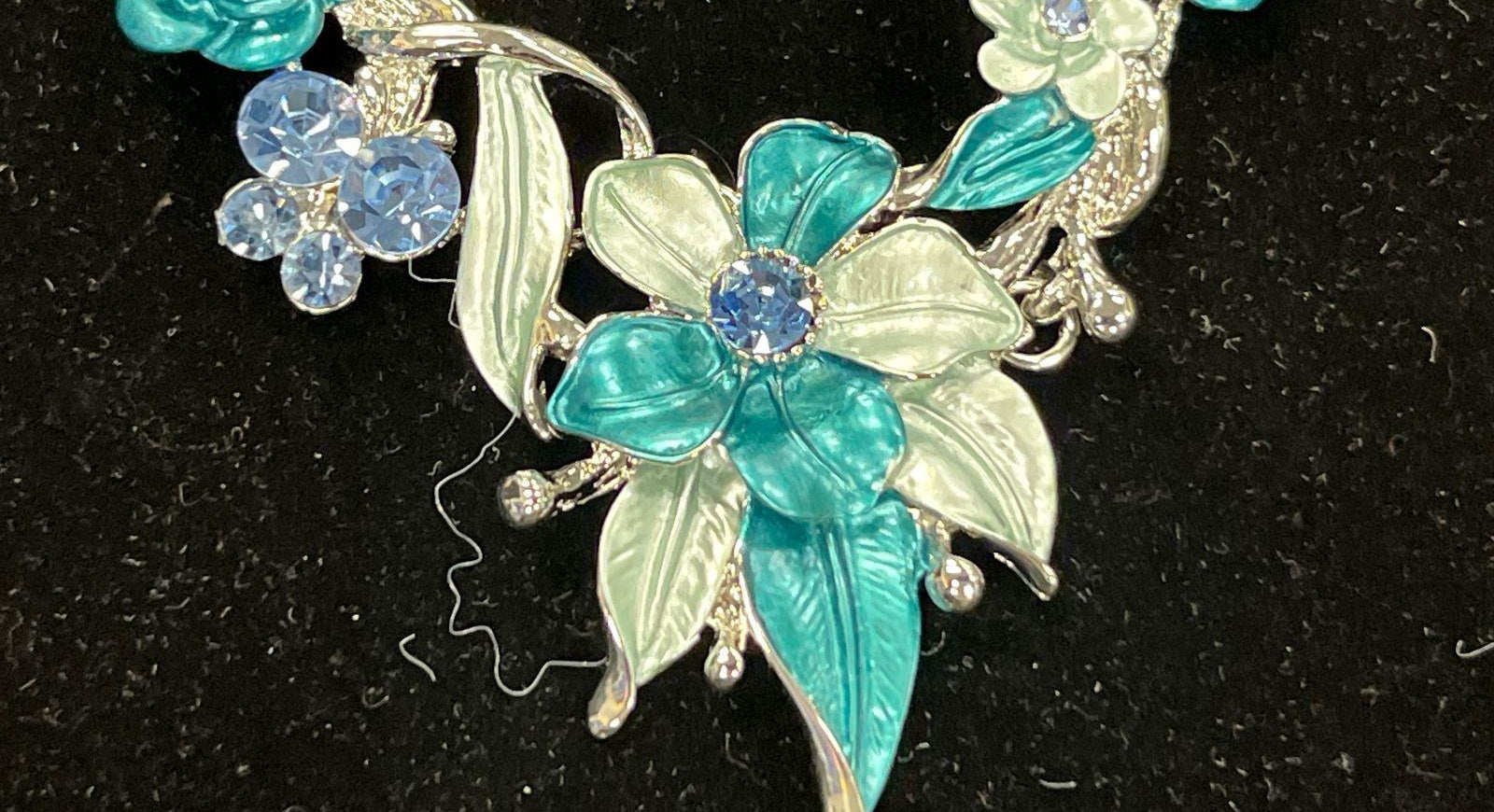 Blue Teal Enamel Floral Necklace & Clip-On Earrings Set