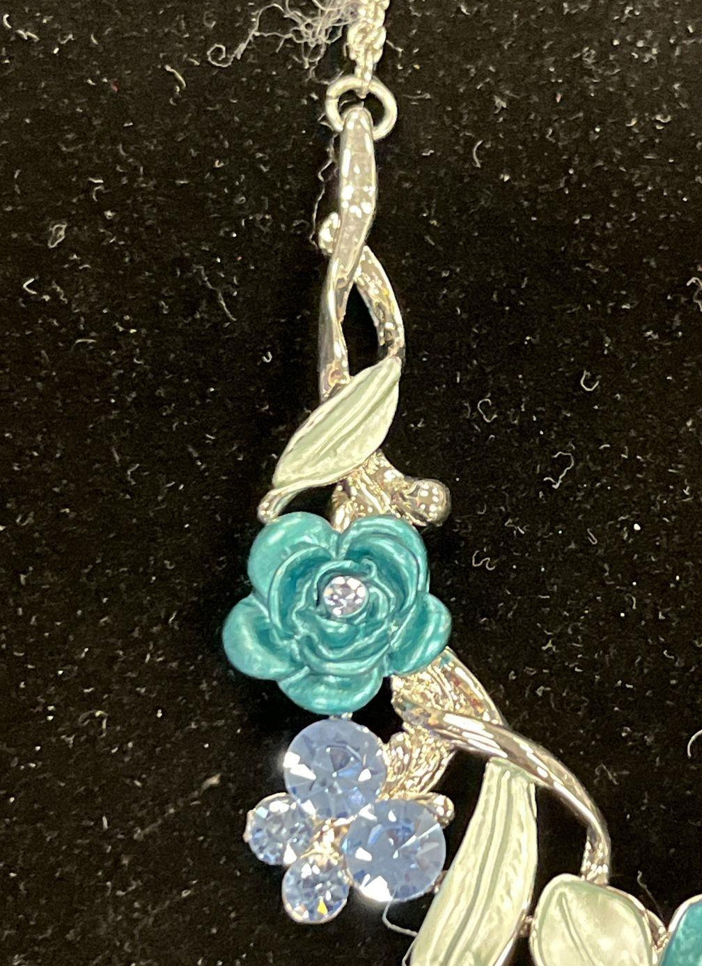 Blue Teal Enamel Floral Necklace & Clip-On Earrings Set