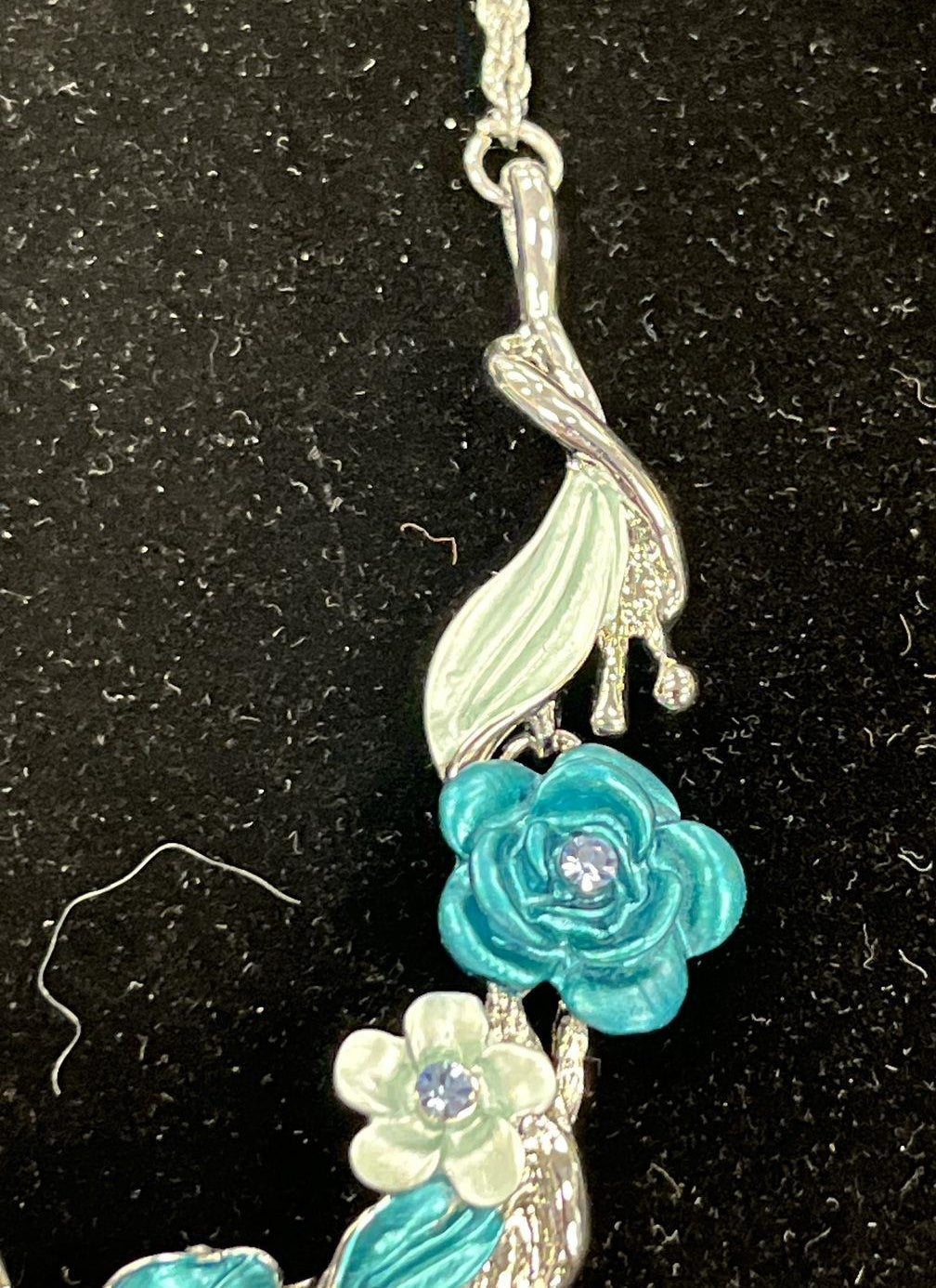 Blue Teal Enamel Floral Necklace & Clip-On Earrings Set