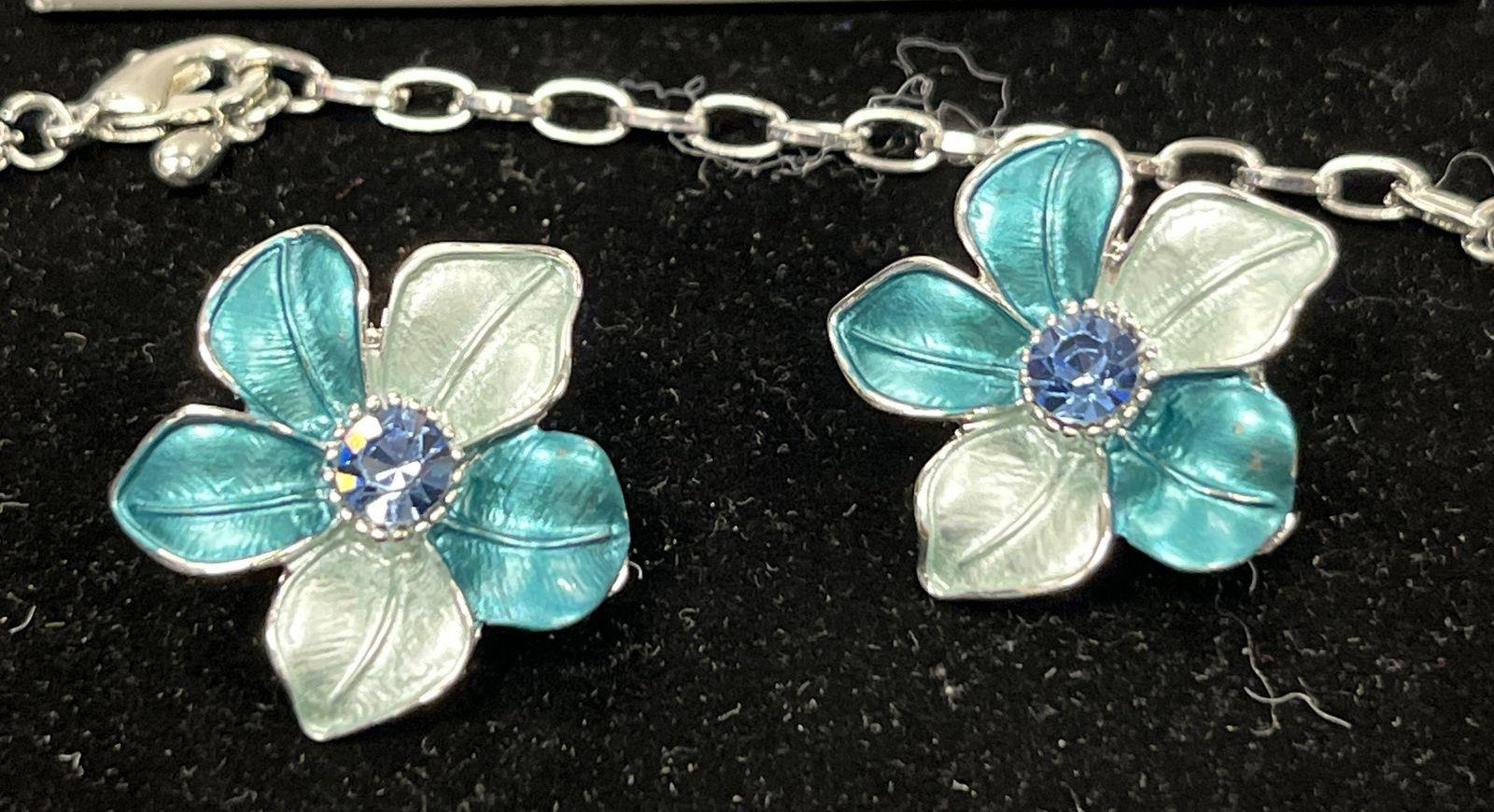Blue Teal Enamel Floral Necklace & Clip-On Earrings Set